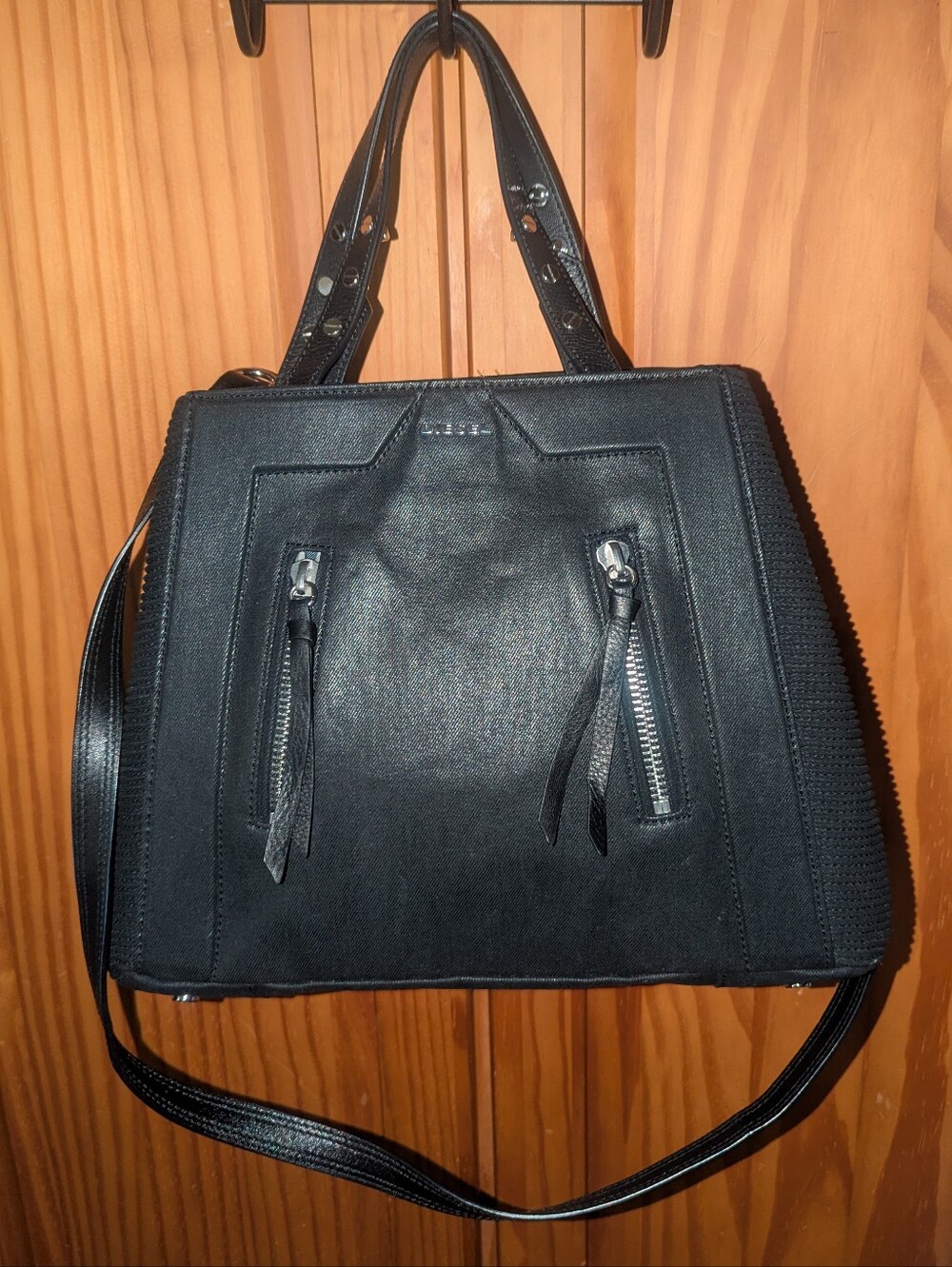 Diesel Le Zipper Le Tracy Tote Black Denim Leather Details